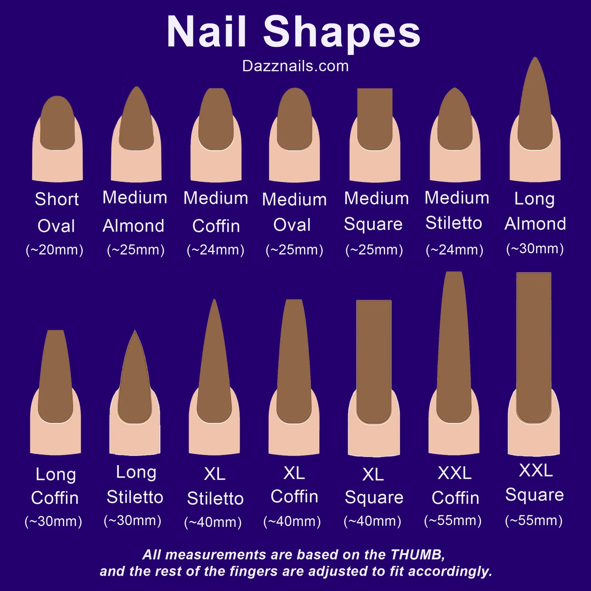 Chart showing different nail shapes and lengths for press-on nails, including oval, almond, coffin, stiletto, and square tips with measurements.