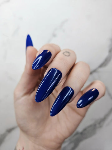 Deep Blue Glossy Handmade Press on Nails - Simple Reusable Fingernails