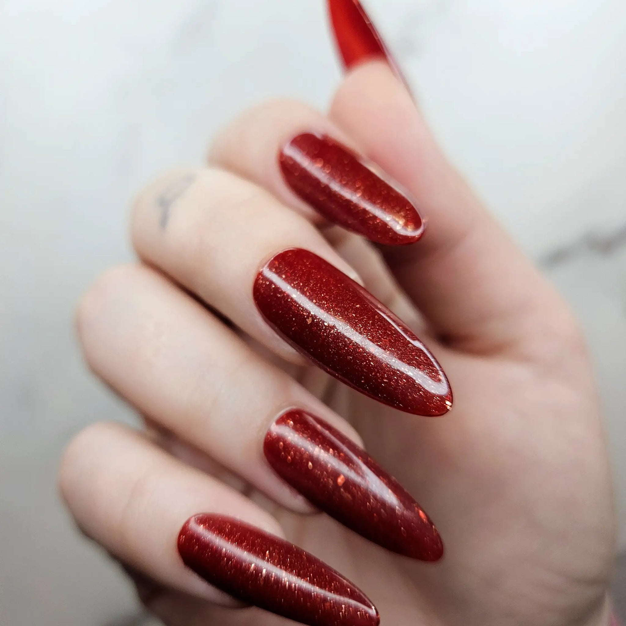 Deep Red Glitter Handmade Press on Nails - Simple Color Reusable Fingernails