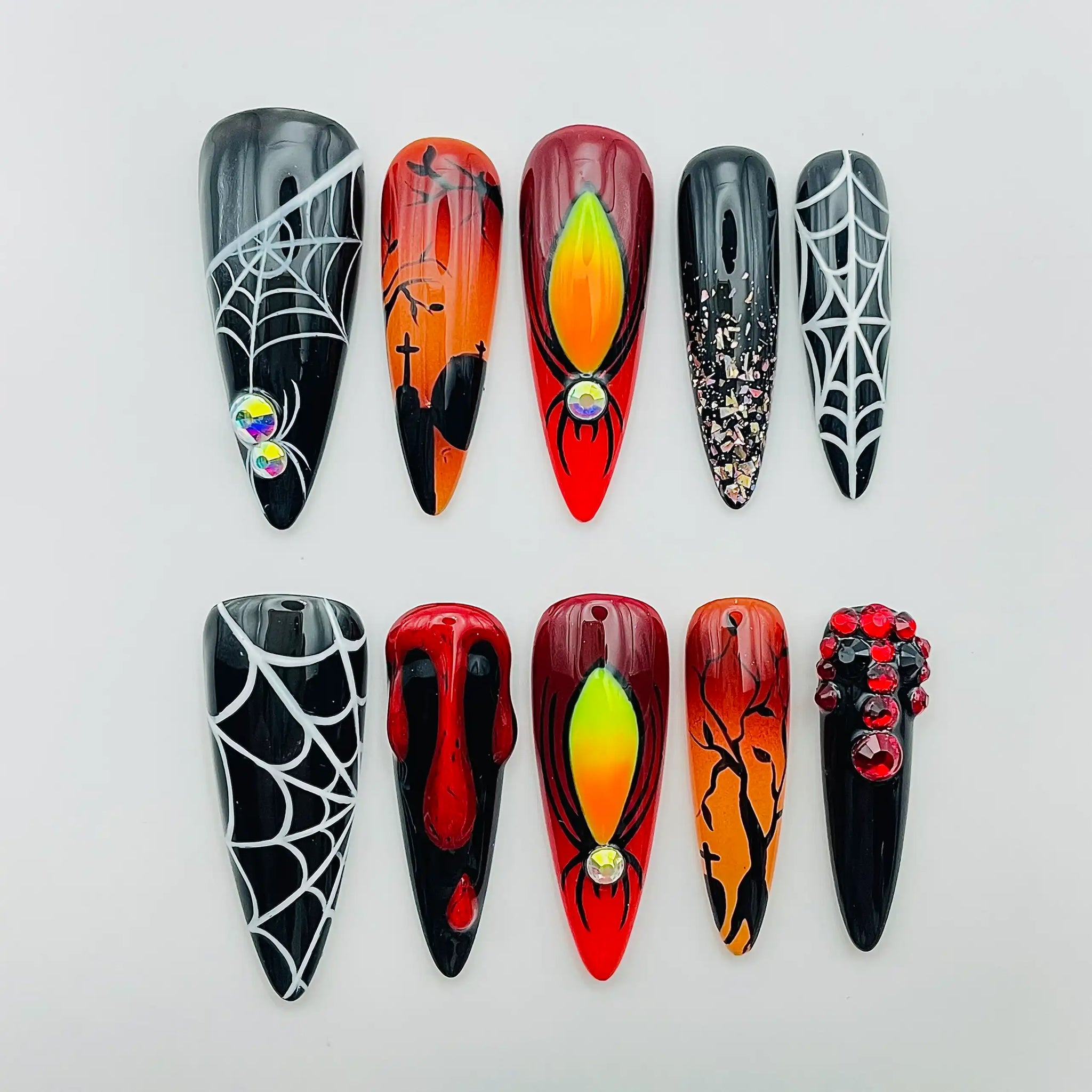 Fire Night Spider Webs Halloween Press on Nails - Black and Red Fingernails