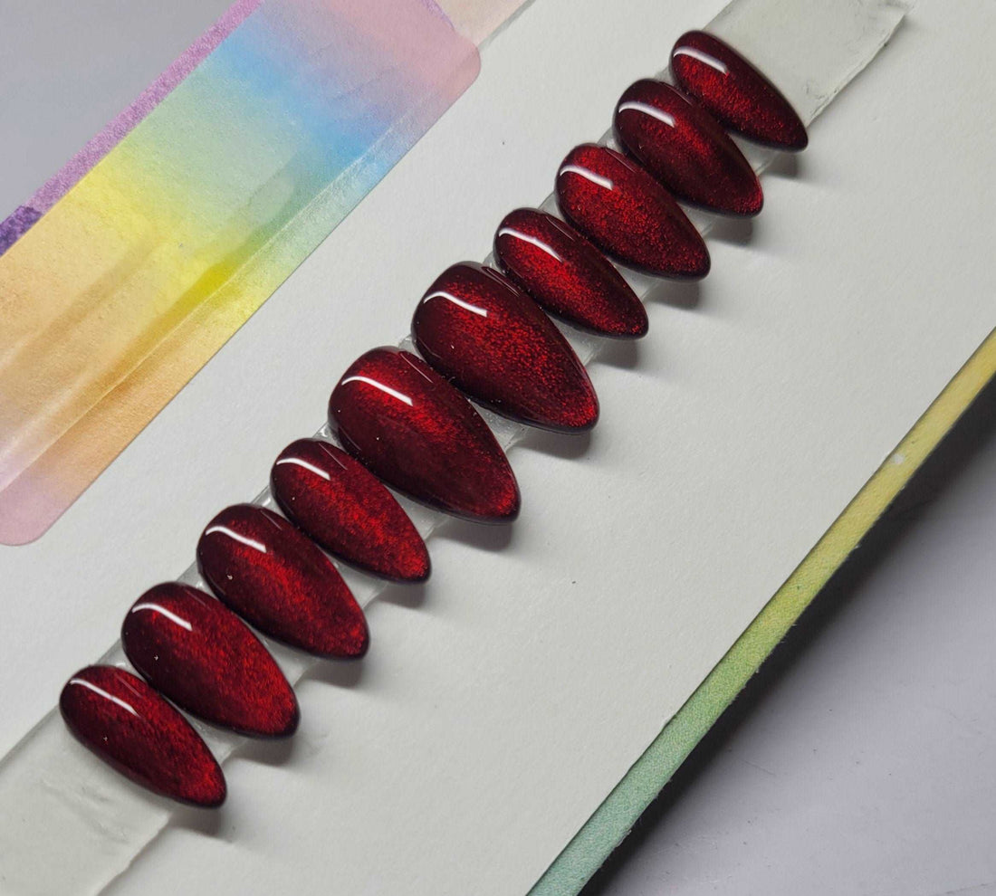 Garnet Magic Cat Eye Red Nails - Custom Handmade Gel Fake Nails
