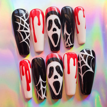 Ghost Face Blood Drop Spider Web Halloween Press on Nails - Red & Black Fingernails