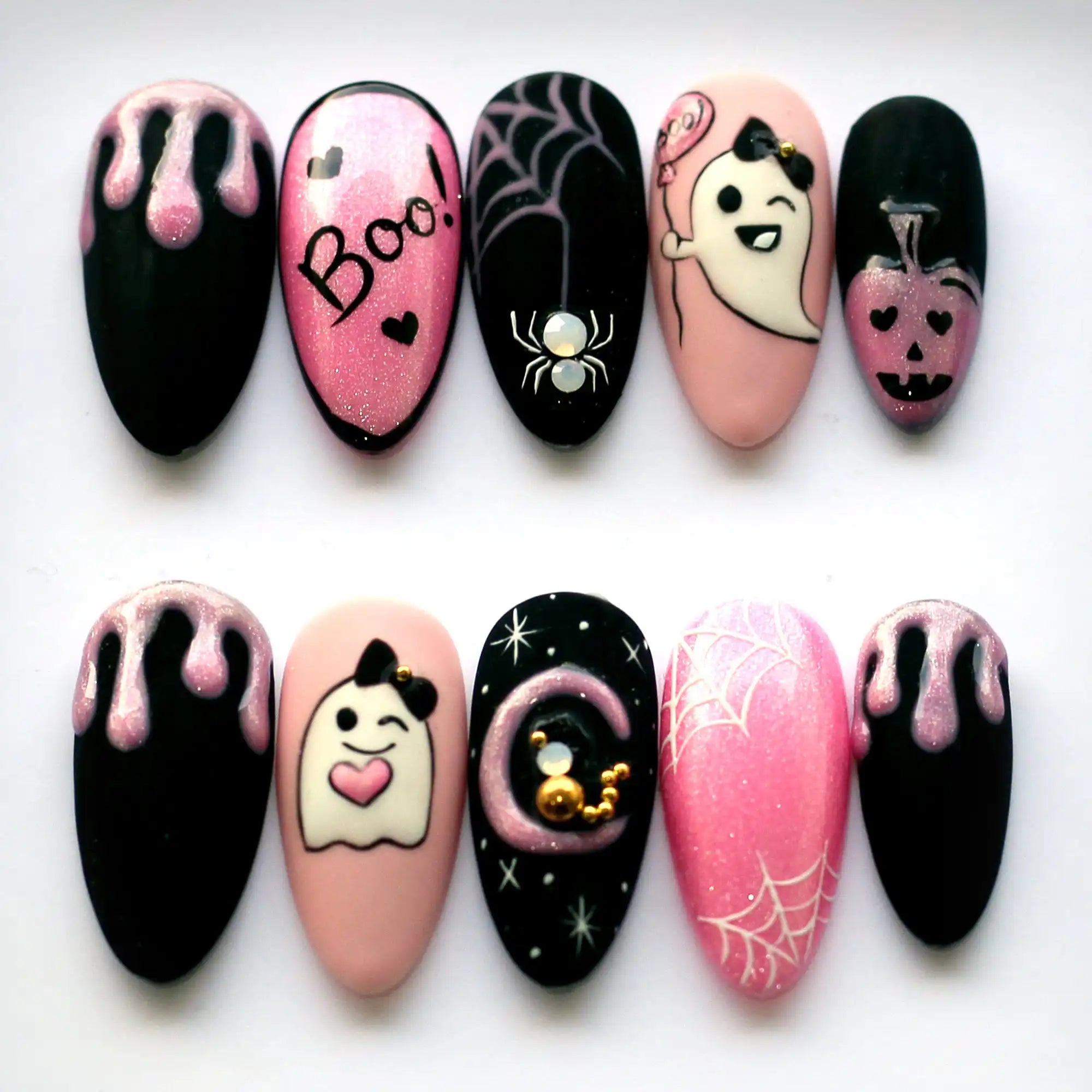 Girly Ghost Pink & Black Halloween Press on Nails - Cute Boo Night Fingernails