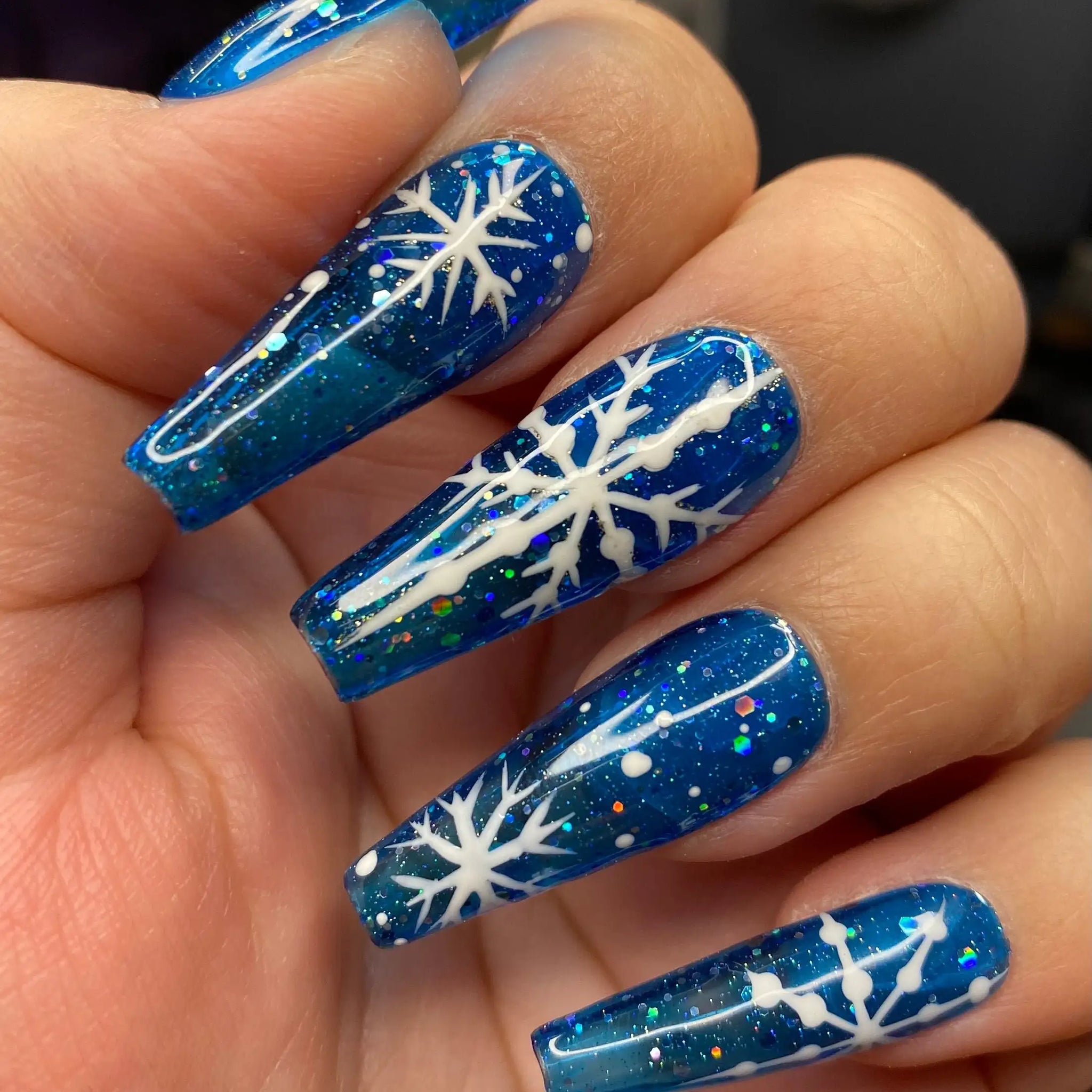 Glitter Blue Snowflake Christmas Press On Nails - Handmade Fingernails