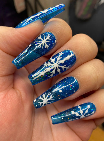 Glitter Blue Snowflake Christmas Press On Nails - Handmade Fingernails