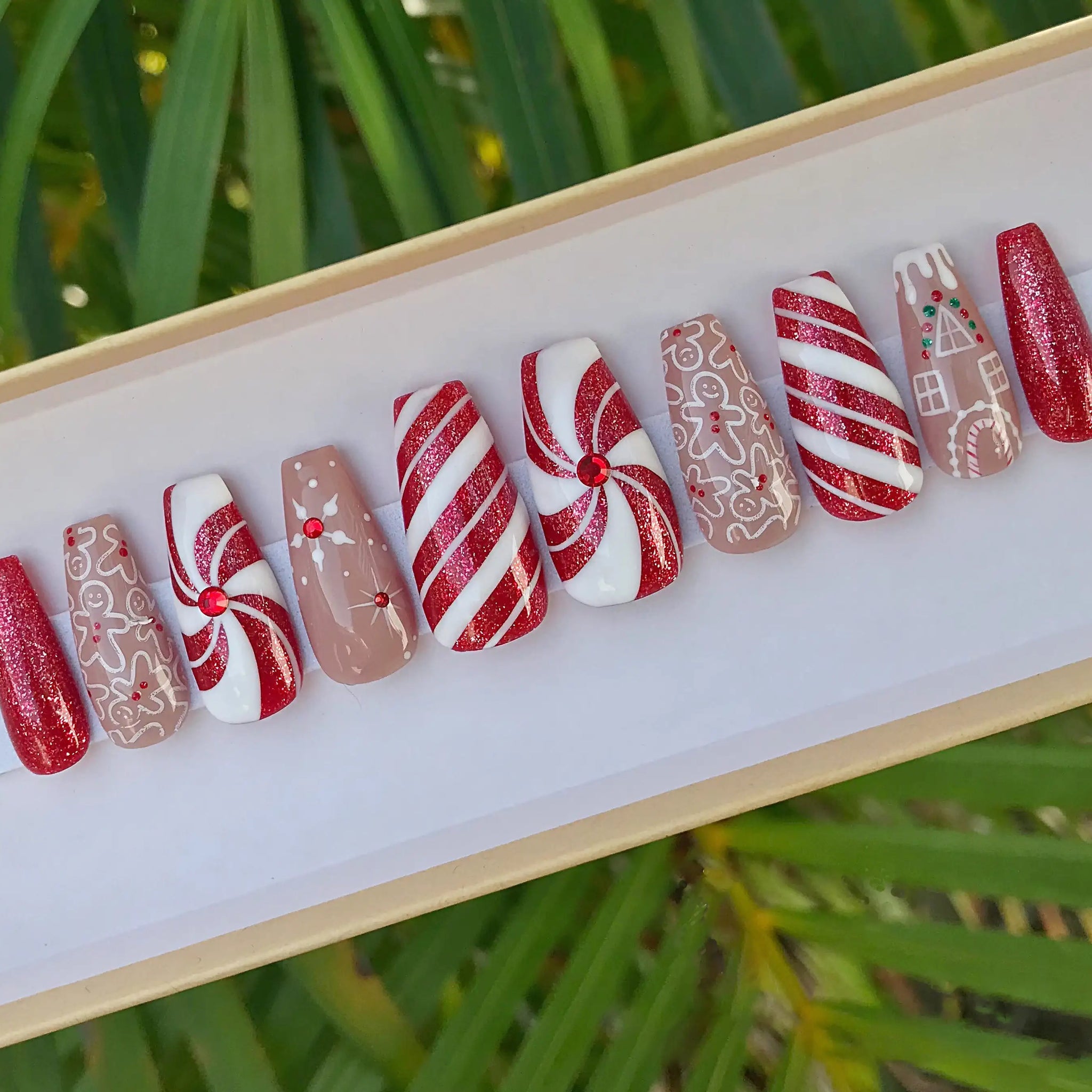 Glitter Christmas Press On Nails - Gingerbread Candy Canes Red & White Fingernails