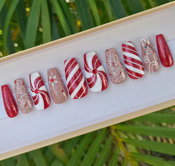 Glitter Christmas Press On Nails - Gingerbread Candy Canes Red & White Fingernails