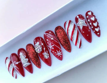 Glitter Diamond in Red Christmas Press On Nails - Winter Handmade Fake Fingernails