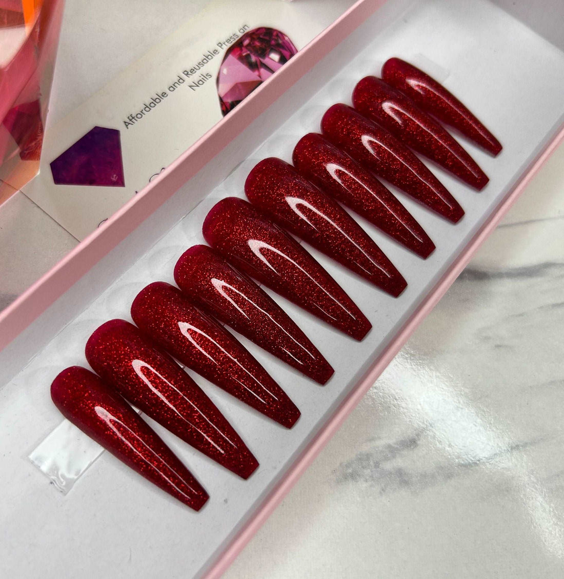 Glossy Glittery Bright Red Nails - Custom Handmade Gel Fake Nails