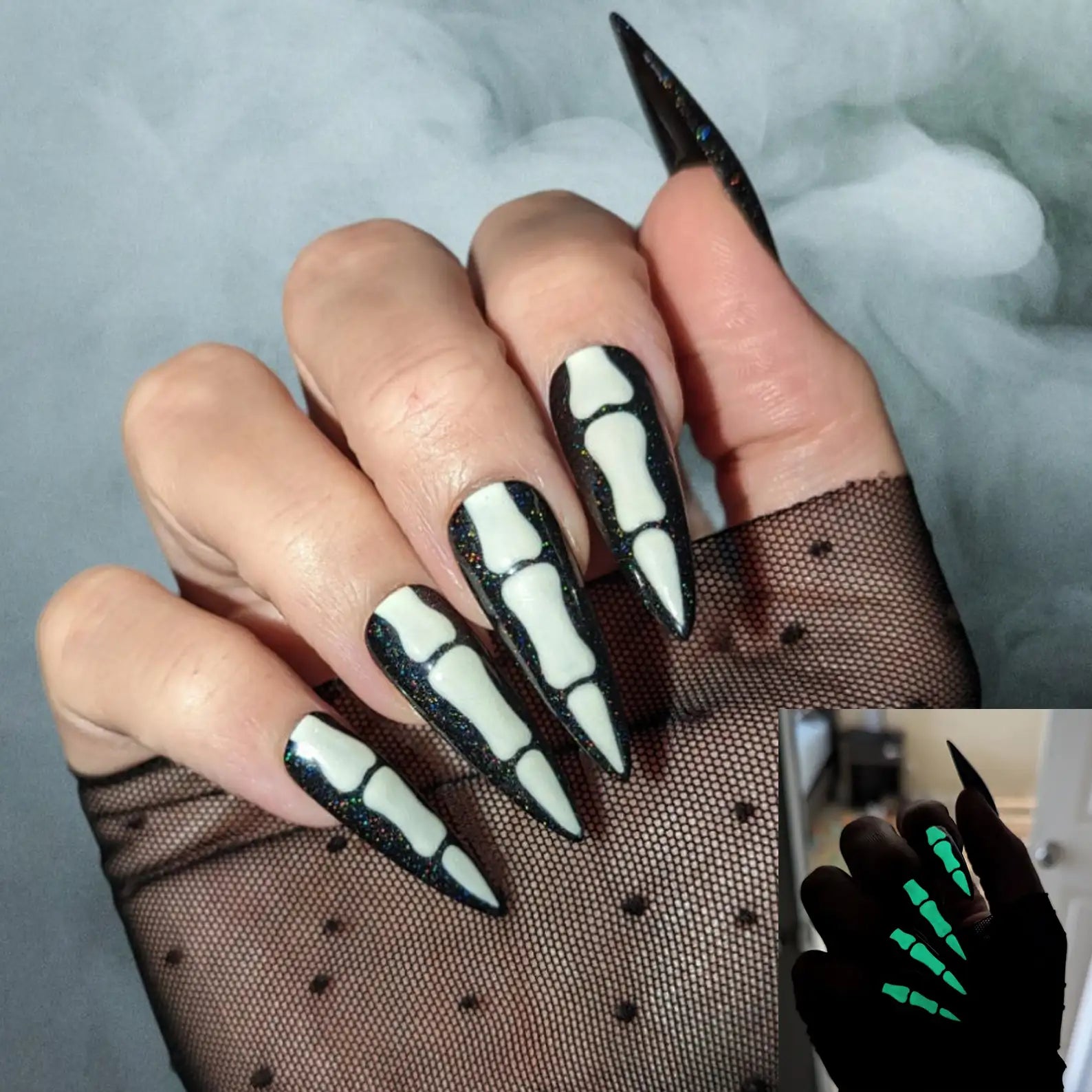 Glow in the Dark Skeleton Halloween Press on Nails - Glitter Fingernails