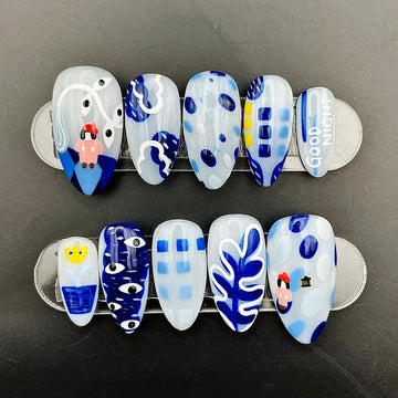 Good Night Abstract Painting Handmade Press on Nails - Freestyle Blue Design