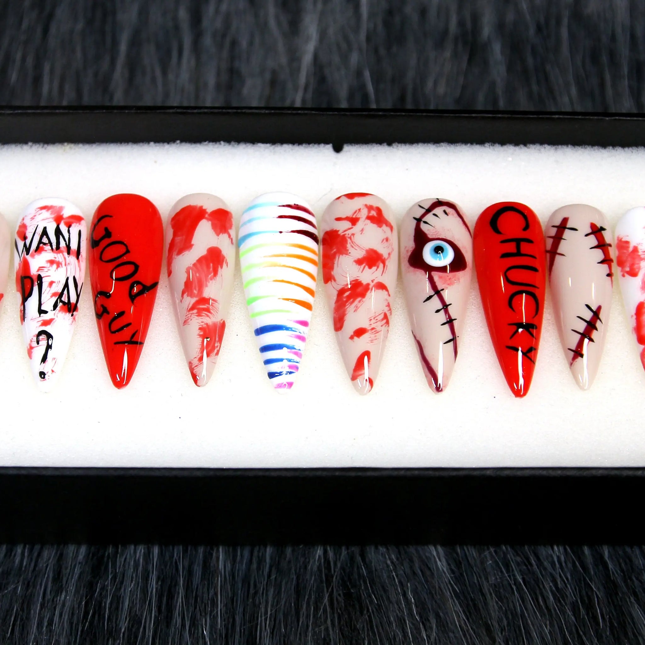 Halloween Bloody "Want Play?" Press on Nails - Spooky Red Classy Fingernails