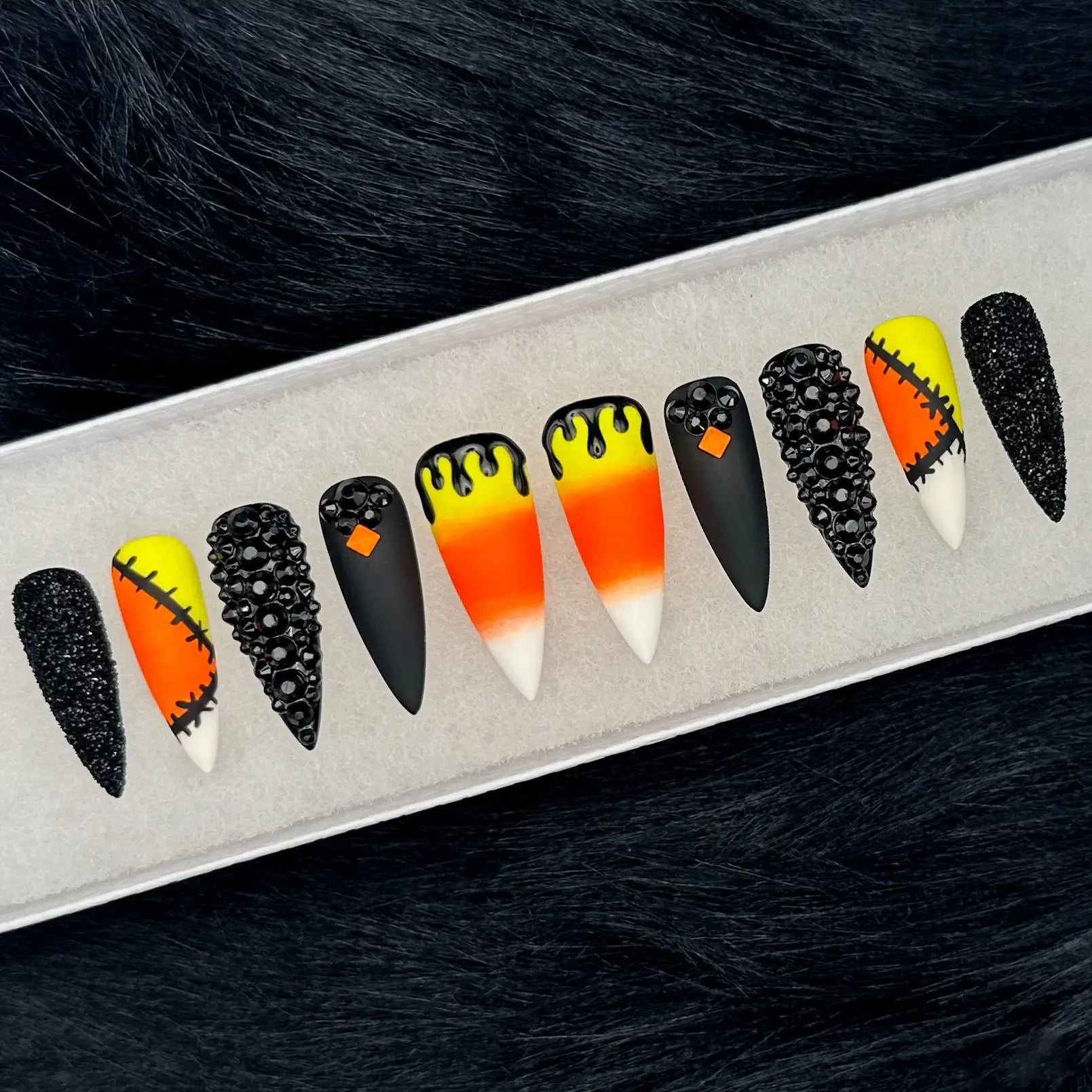 Halloween Candy Corn October Press on Nails - Black and Orange Fingernails