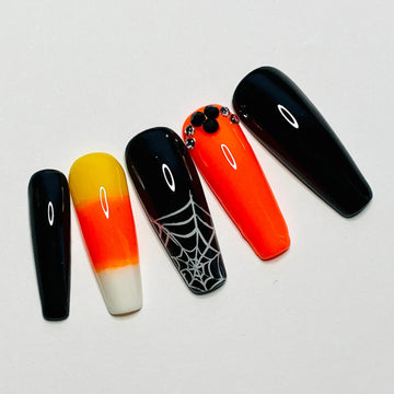 Halloween Candy Corn Spider Web Press on Nails - Black and Orange Fingernails