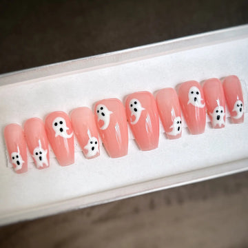 Halloween Cute Ghost Press on Nails - Glow in the Dark Pink Fingernails