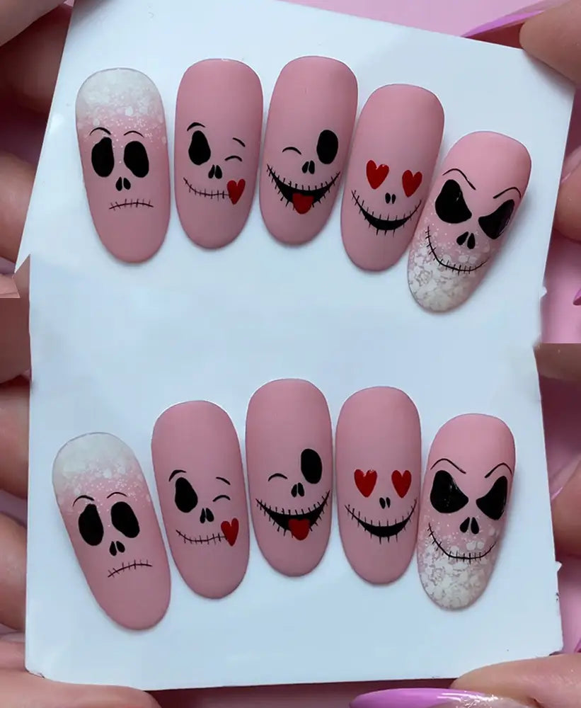 Halloween Cute Pink Skeleton Press on Nails - Simple October Fingernails