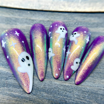 Halloween Ghost Glitter Press on Nails - Glow in the Dark Spooky Purple Fingernails