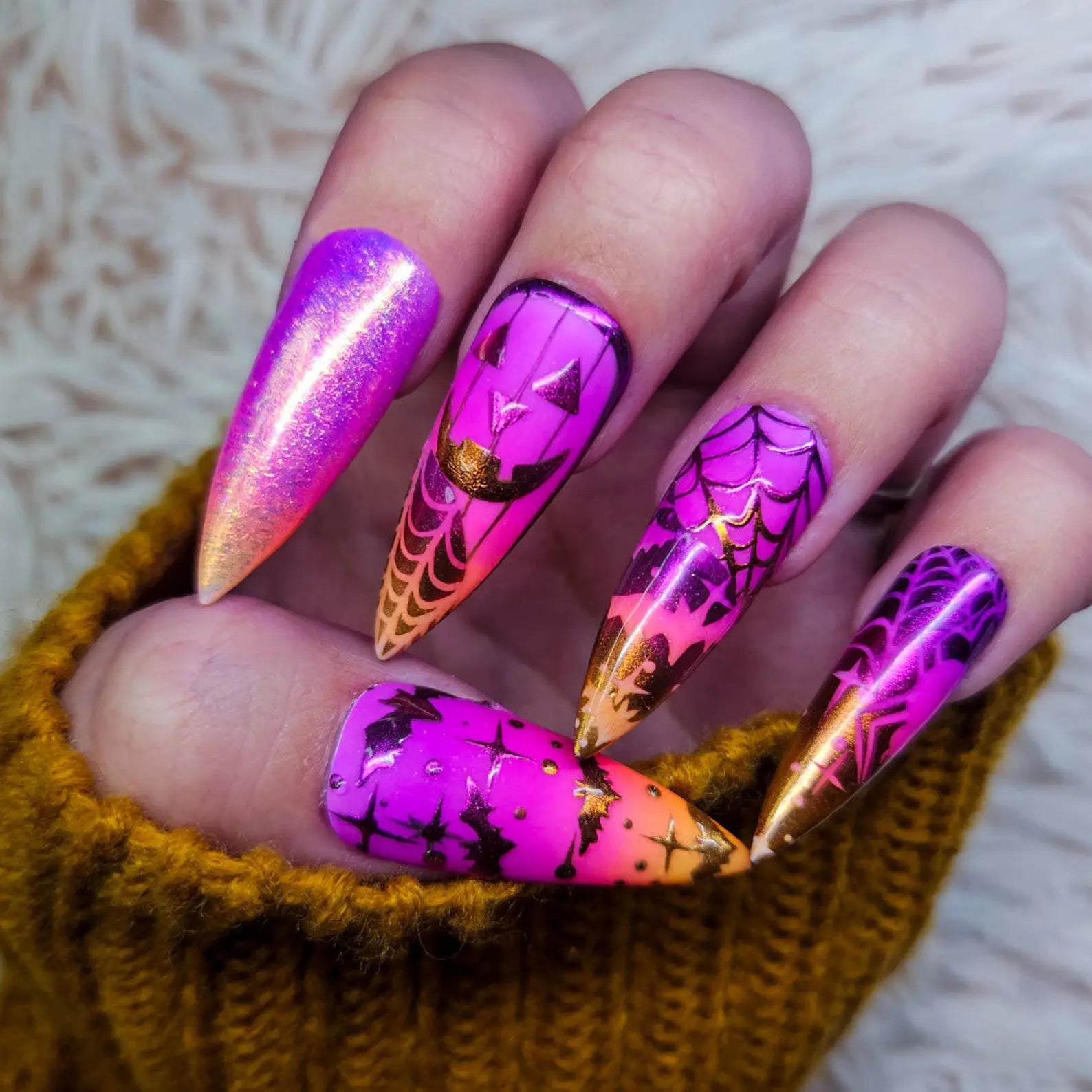 Halloween Ombre Press on Nails - Witchy Pumpkin Bat Custom Fingernail