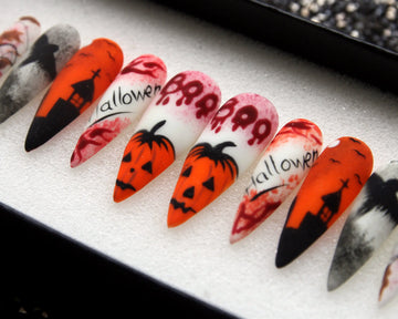 Halloween Pumpkin Bloody Crow Press on Nails - Spooky Orange Fingernails