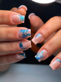 Handmade 3D blue butterfly chrome detail press-on nails with nude base