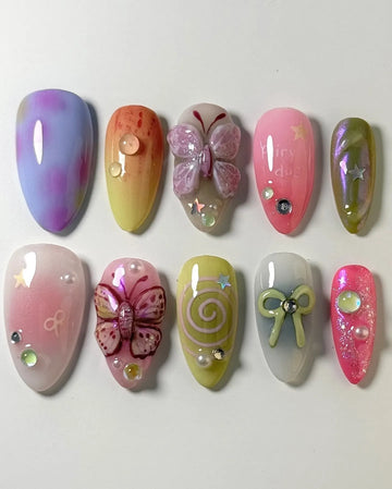 Handmade 3D Butterfly Ombre Bow Fairycore Cute Press on Nails B07