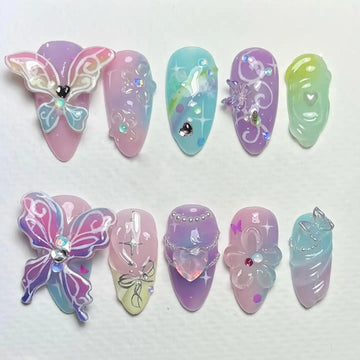 Handmade 3D Butterfly Pastel Ombre Bow Jewel Dreamy Fantasy Press on Nails U33