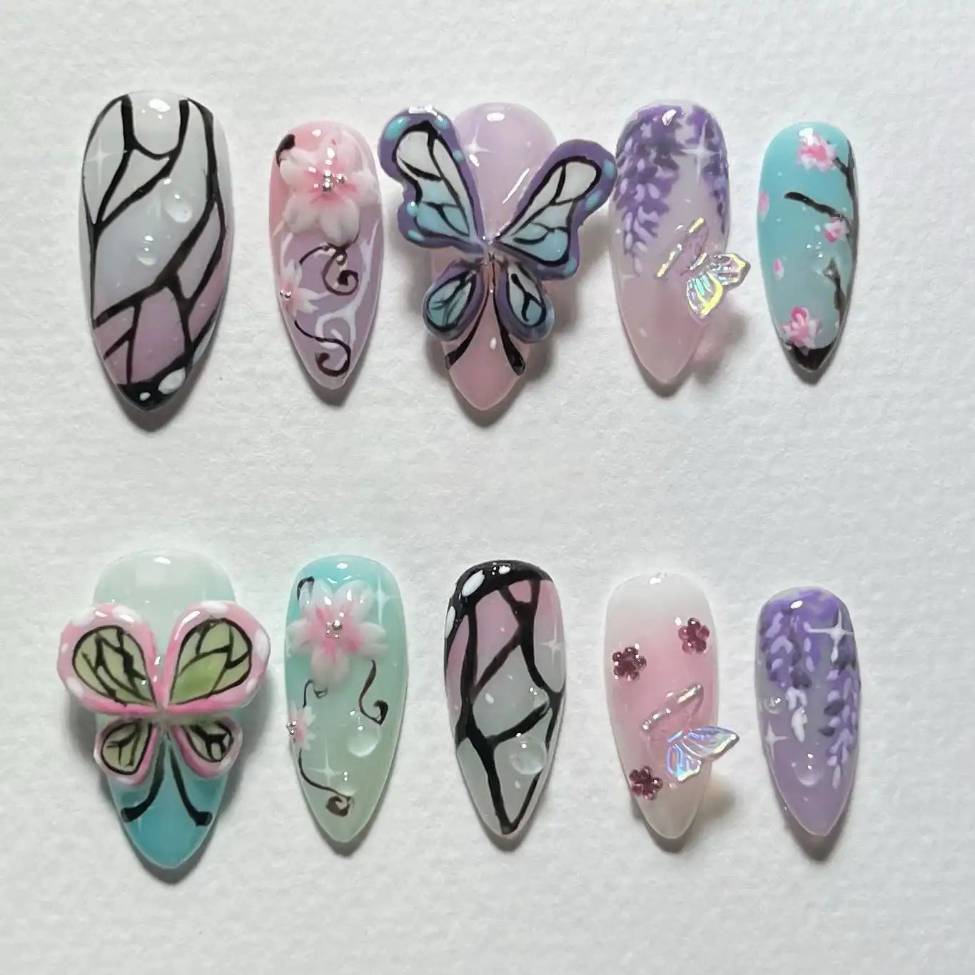 Handmade 3D Butterfly Wings Flower Abstract Fantasy Press on Nails B48