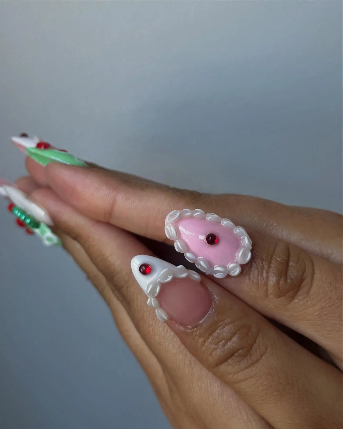 Handmade 3D Cake Design Green Red Heart Bow Kawaii Press on Nails V75