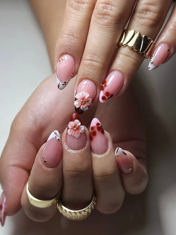 Handmade 3D Cherry Blossom Red Floral French Tip Gold Bead Press on Nails X72