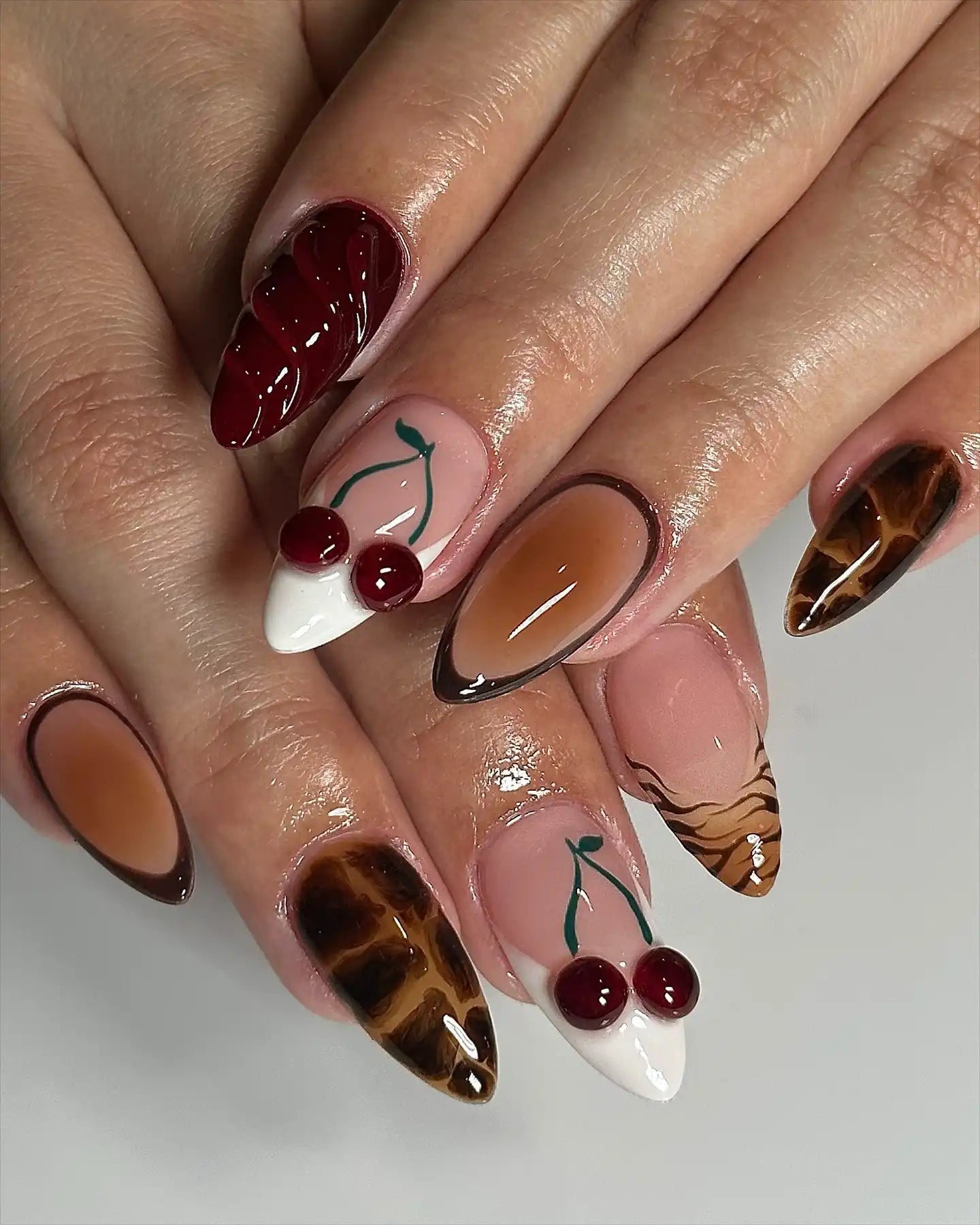 Handmade 3D Cherry Chocolate Tortoise Shell Animal Print Press on Nails D18