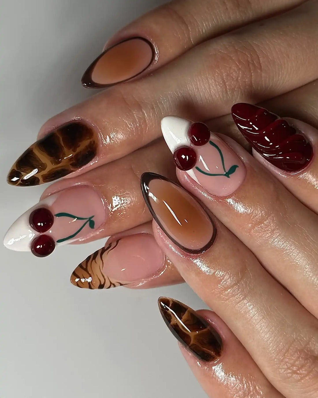 Handmade 3D Cherry Chocolate Tortoise Shell Animal Print Press on Nails D18