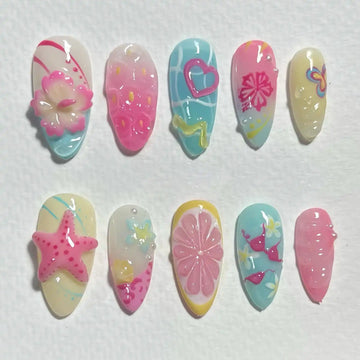 Handmade 3D Citrus Starfish Flower Water Blue Pink Summer Press on Nails P31