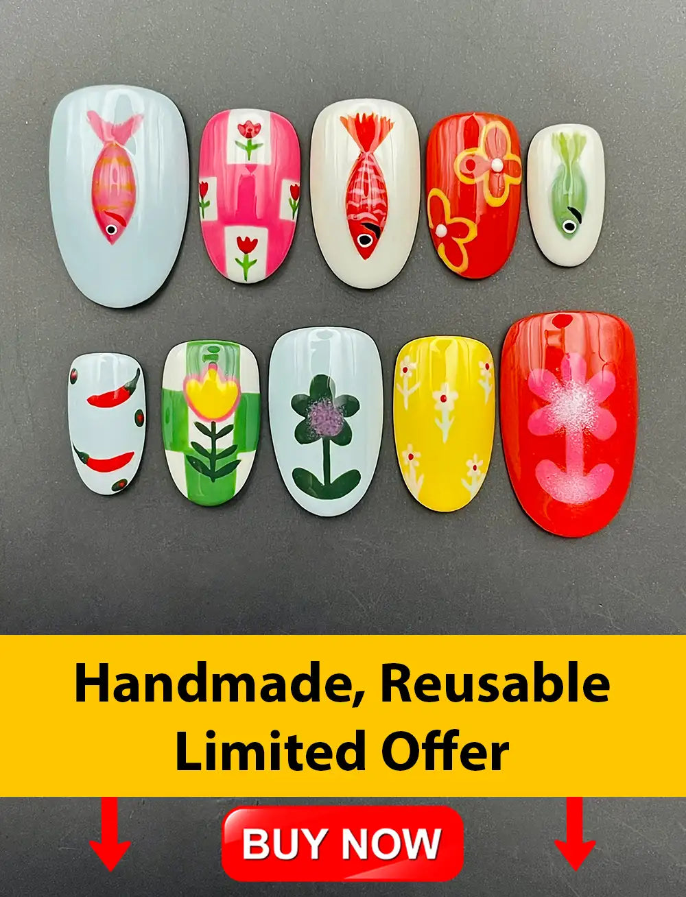 Handmade 3D Fish and Flowers Press on Nails - Colorful Reusable Glue on Nails