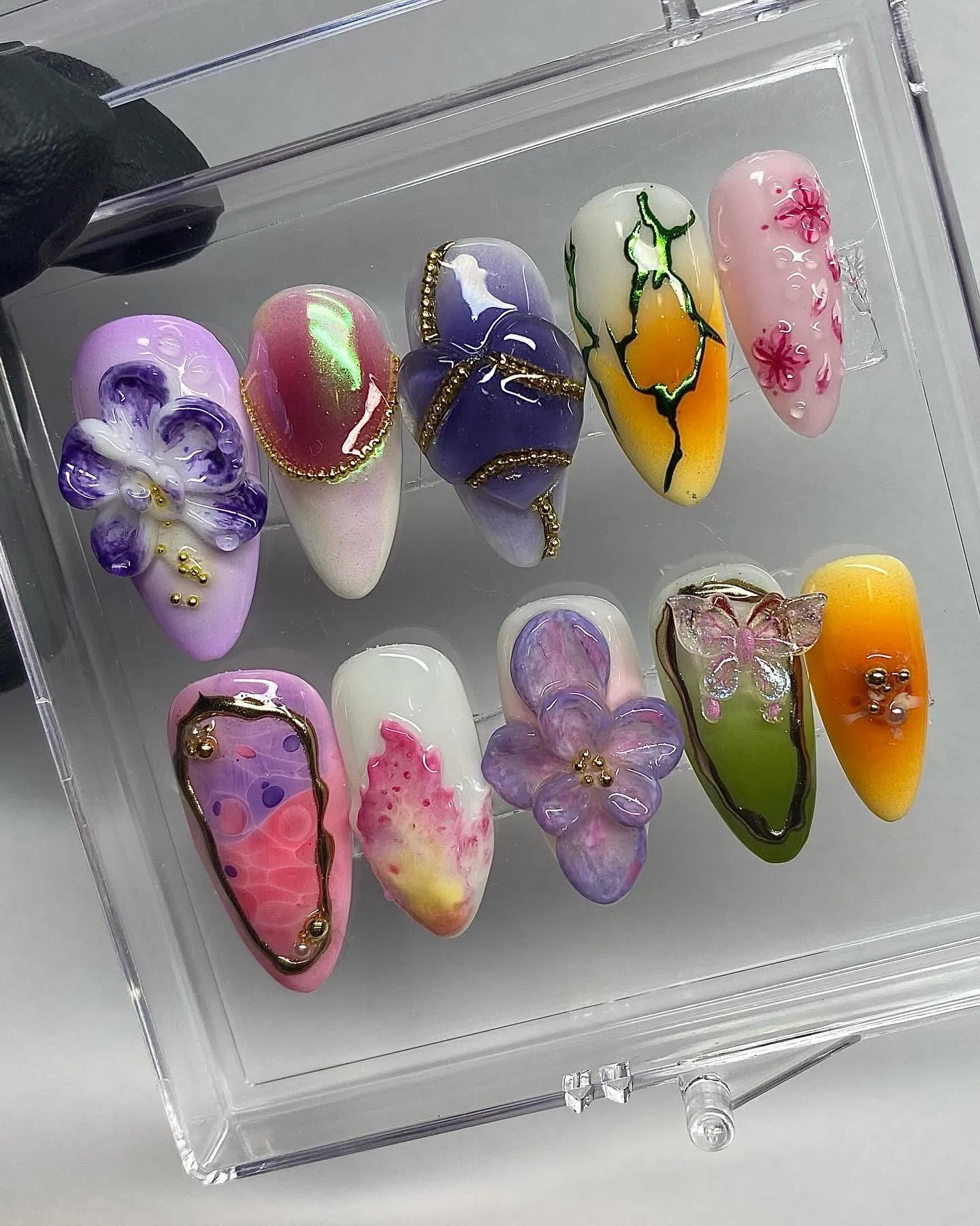 Handmade 3D Floral Butterfly Jewels Spring Summer Press on Nails C40