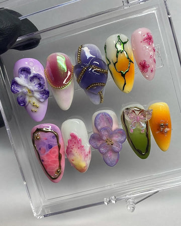 Handmade 3D Floral Butterfly Jewels Spring Summer Press on Nails C40