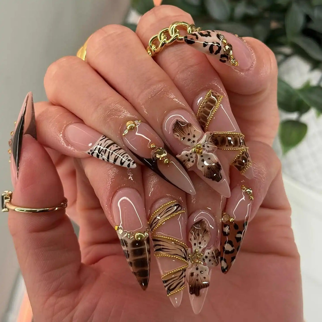 Handmade 3D Floral Chain Leopard Print Brown Press on Nails H21