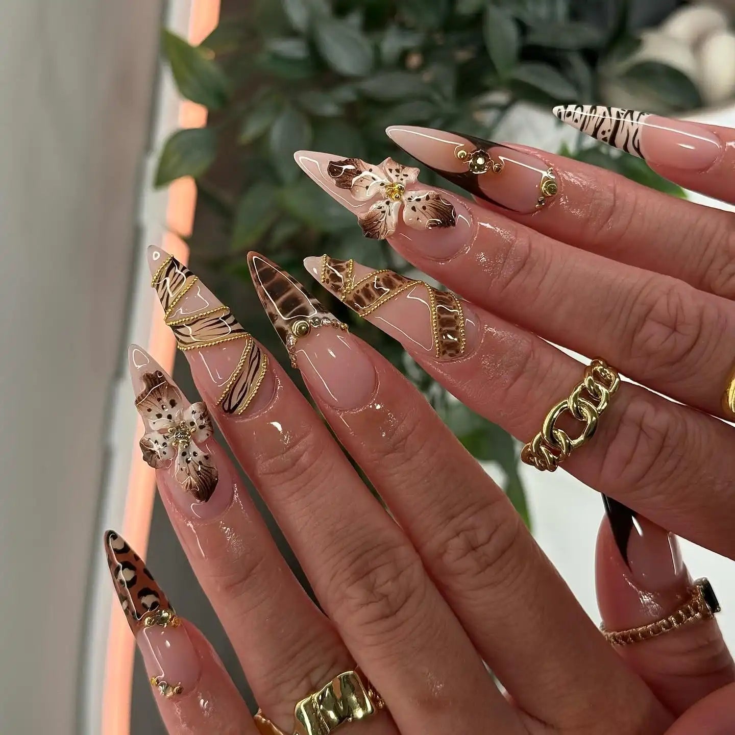 Handmade 3D Floral Chain Leopard Print Brown Press on Nails H21