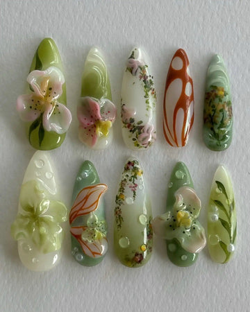 Handmade 3D Floral Green Vines Abstract Garden Spring Press on Nails A47