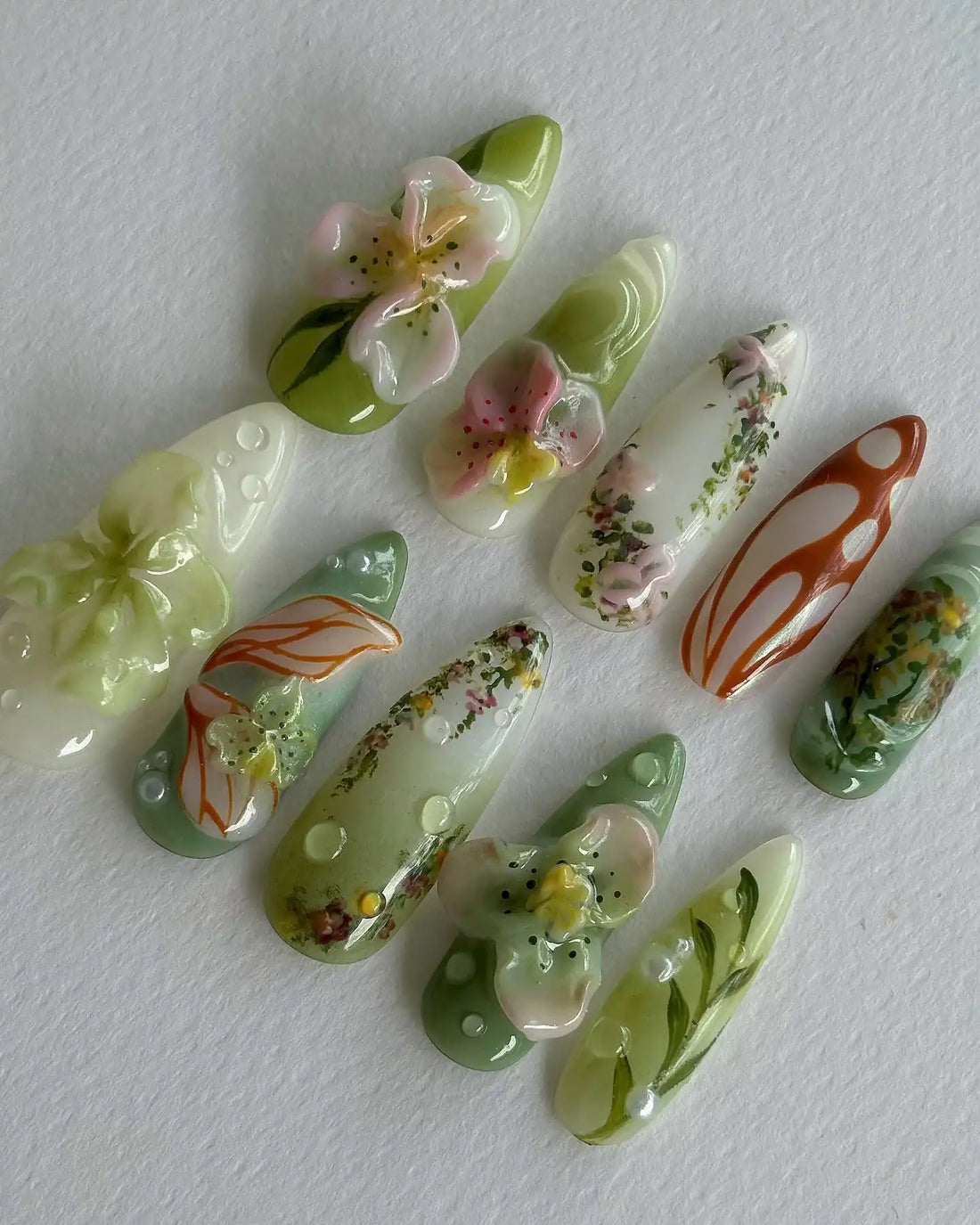 Handmade 3D Floral Green Vines Abstract Garden Spring Press on Nails A47