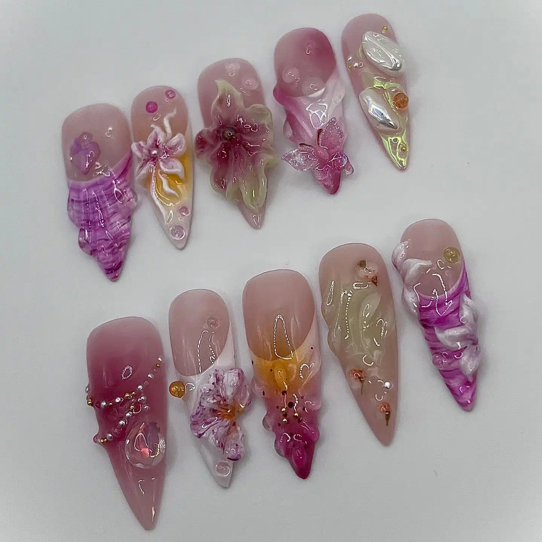 Handmade 3D Floral Iridescent Pink Abstract Art Press on Nails U30