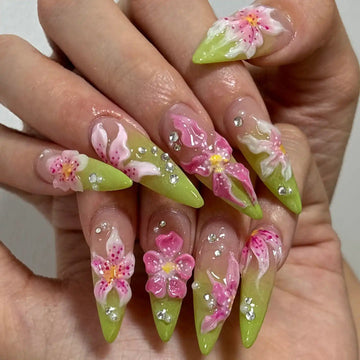 Handmade 3D Floral Lime Green Pink Spring Rhinestone Summer Press on Nails P02