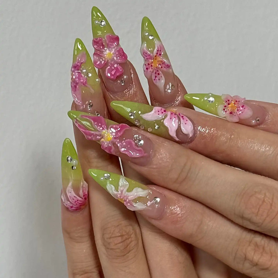 Handmade 3D Floral Lime Green Pink Spring Rhinestone Summer Press on Nails P02