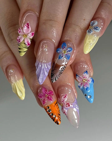 Handmade 3D Floral Multicolored Tiger Print Seashell Summer Fake Nails G38
