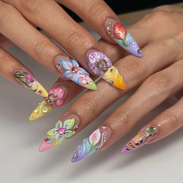 Handmade 3D Floral Ombre Rainbow Art Bling Wedding Event Spring Press on Nails X25