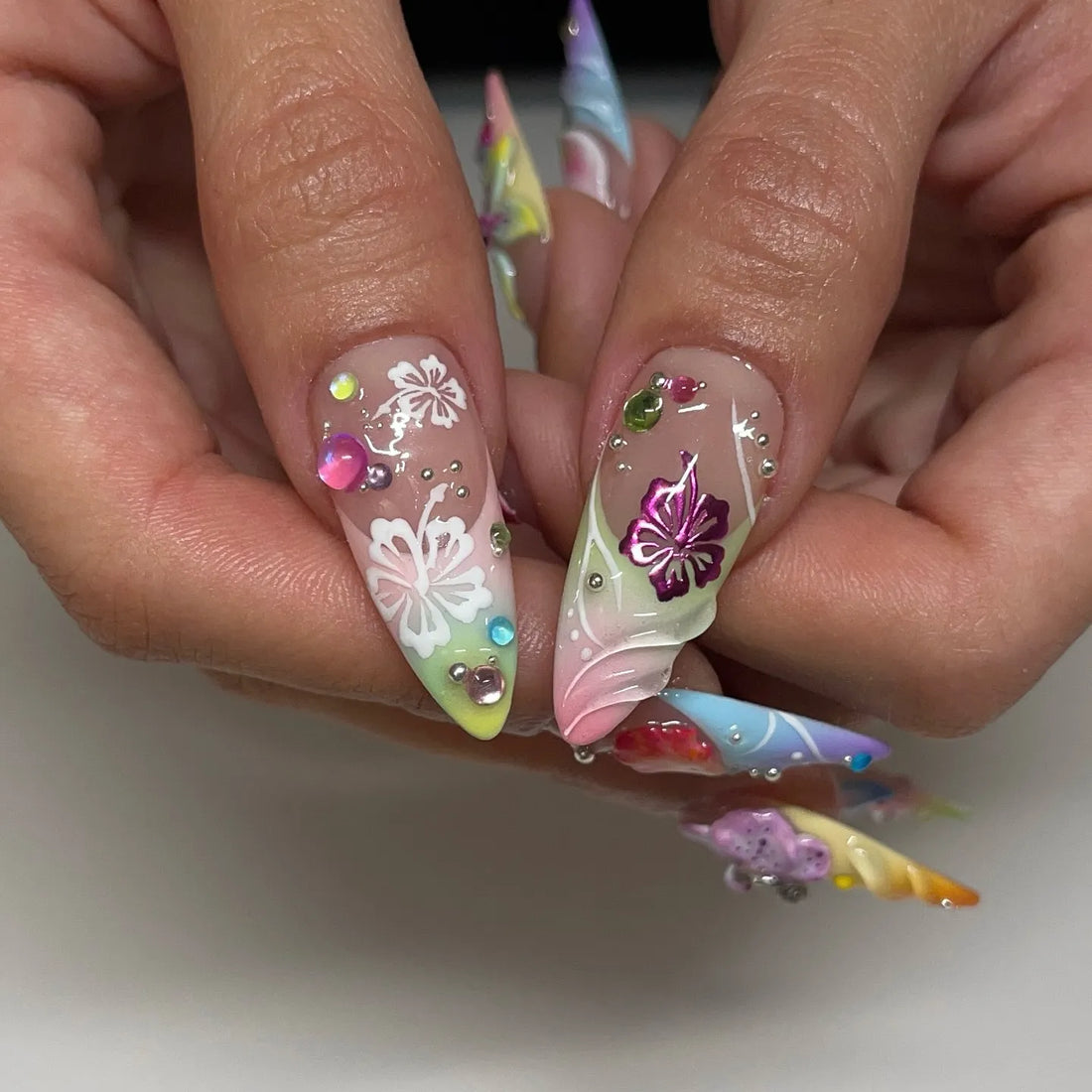 Handmade 3D Floral Ombre Rainbow Art Bling Wedding Event Spring Press on Nails X25