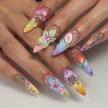 Handmade 3D floral ombre rainbow press-on nails with gems and spring flower designs
