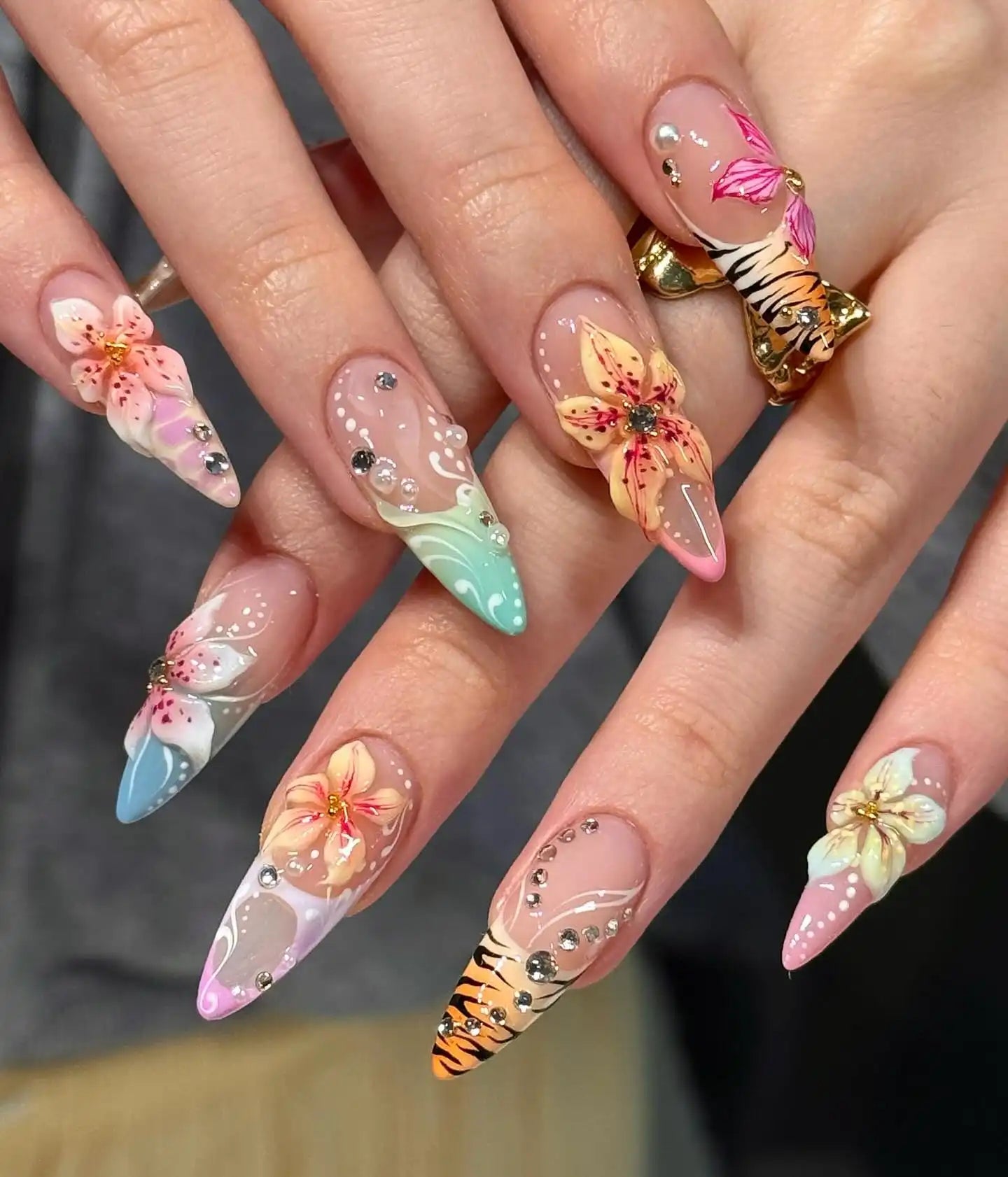 Handmade 3D Floral Ombre Tiger Print Rhinestone Summer Press on Nails M80