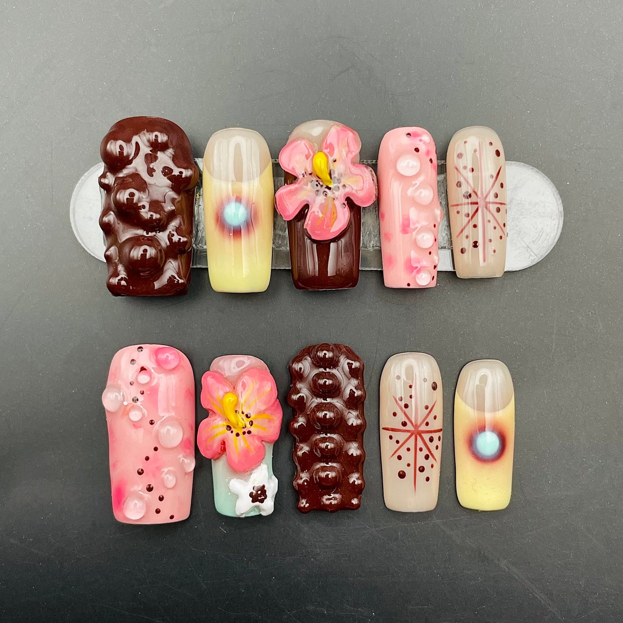 Handmade 3D Floral Press on Nails - Brown & Pink Custom Design