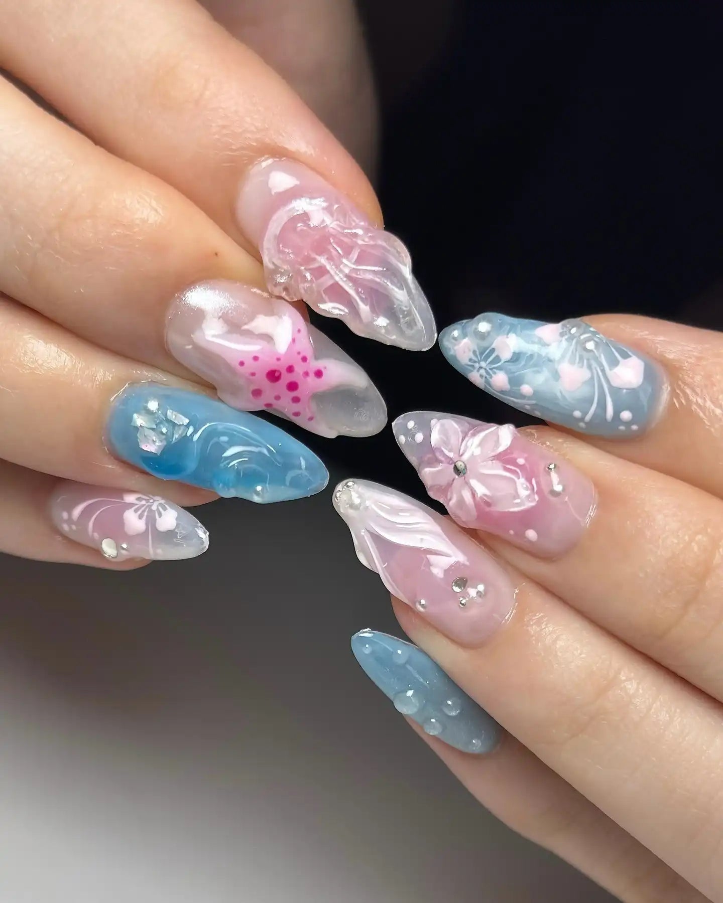 Handmade 3D Floral Seashell Blue Pink Mermaid Dreamy Press on Nails B18
