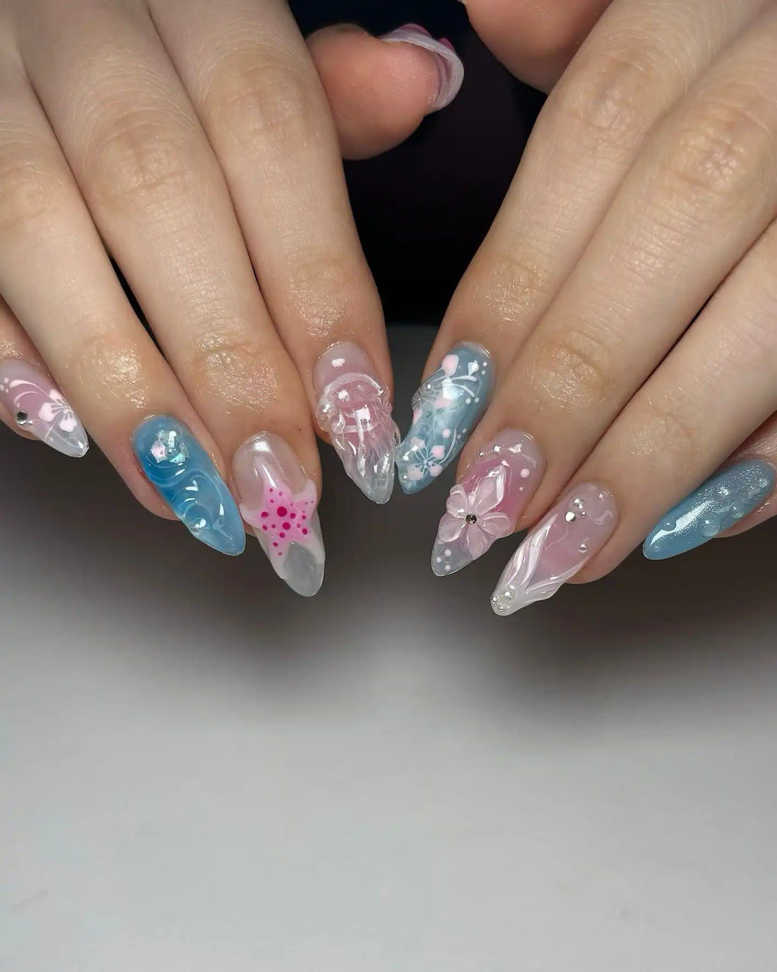 Handmade 3D Floral Seashell Blue Pink Mermaid Dreamy Press on Nails B18
